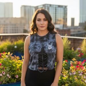 The Drive Distressed Skeleton Tie Dye Crop Top Muscle Tee Women’s Large